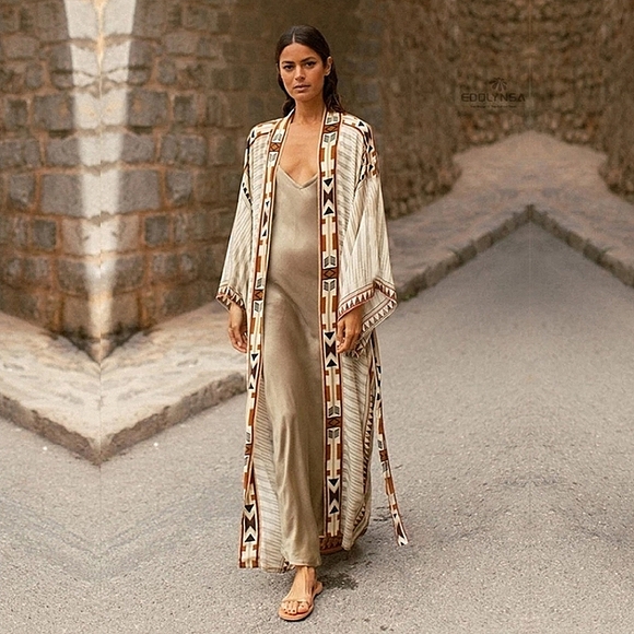 New Southwestern Tribal Kimono Duster Maxi Cardigan Jacket Tan Black - Picture 4 of 12